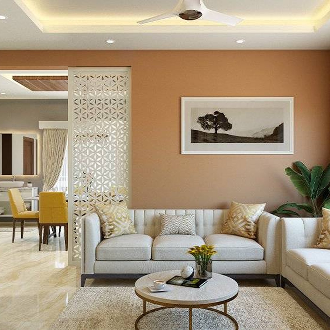 Finished premium interior with soft seating, feature lighting and warm palette