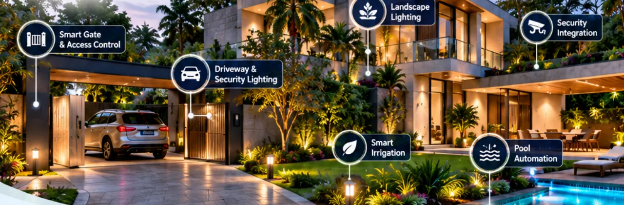 Brochure illustration of a villa with smart gate and access control, driveway and security lighting, landscape lighting, smart irrigation and pool automation
