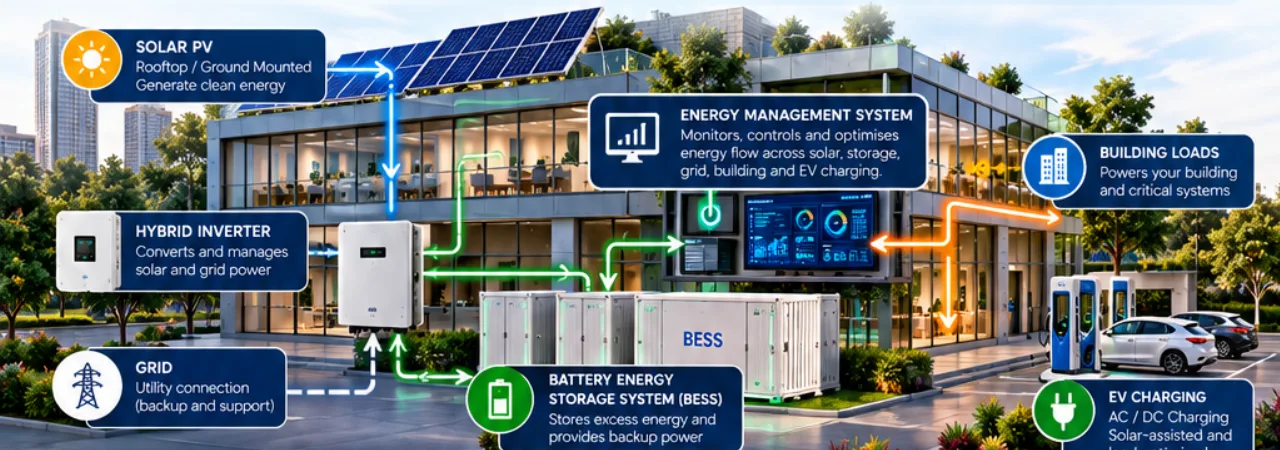 Brochure illustration of a solar PV, hybrid inverter, battery energy storage, energy management system and EV charging ecosystem for a commercial building